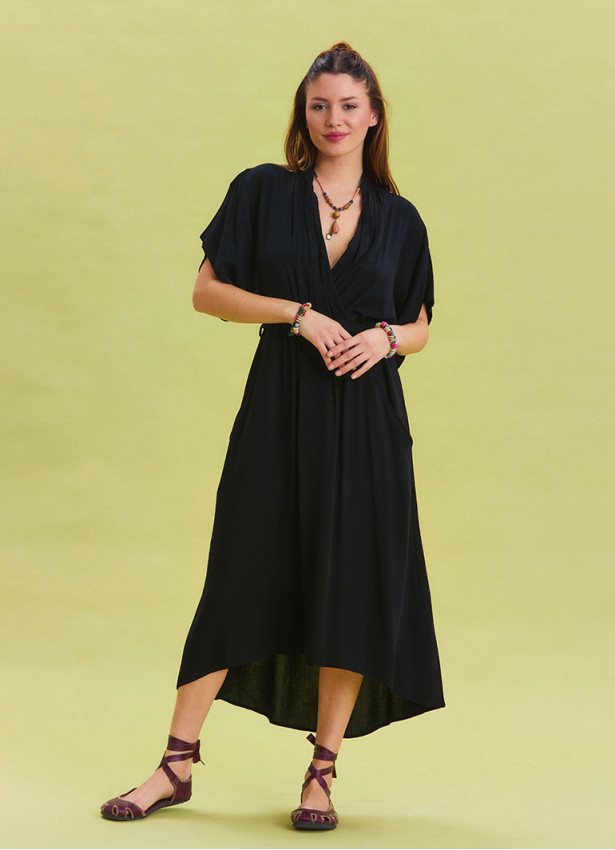 V Neck Gathered Detailed Black Casual Dress 4532